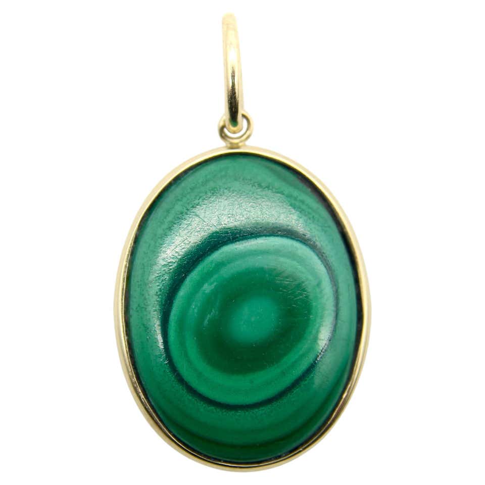 Vintage 14k Gold Malachite and Diamond Pendant For Sale at 1stDibs