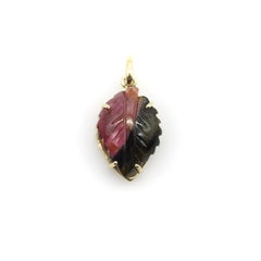 14K Gold Signature Watermelon Tourmaline Carved Leaf Pendant