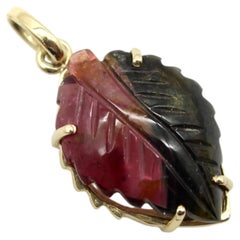 14K Gold Signature Watermelon Tourmaline Carved Leaf Pendant