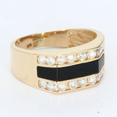 14k Gold Signet Ring with Black Center Stone Bar & Diamonds