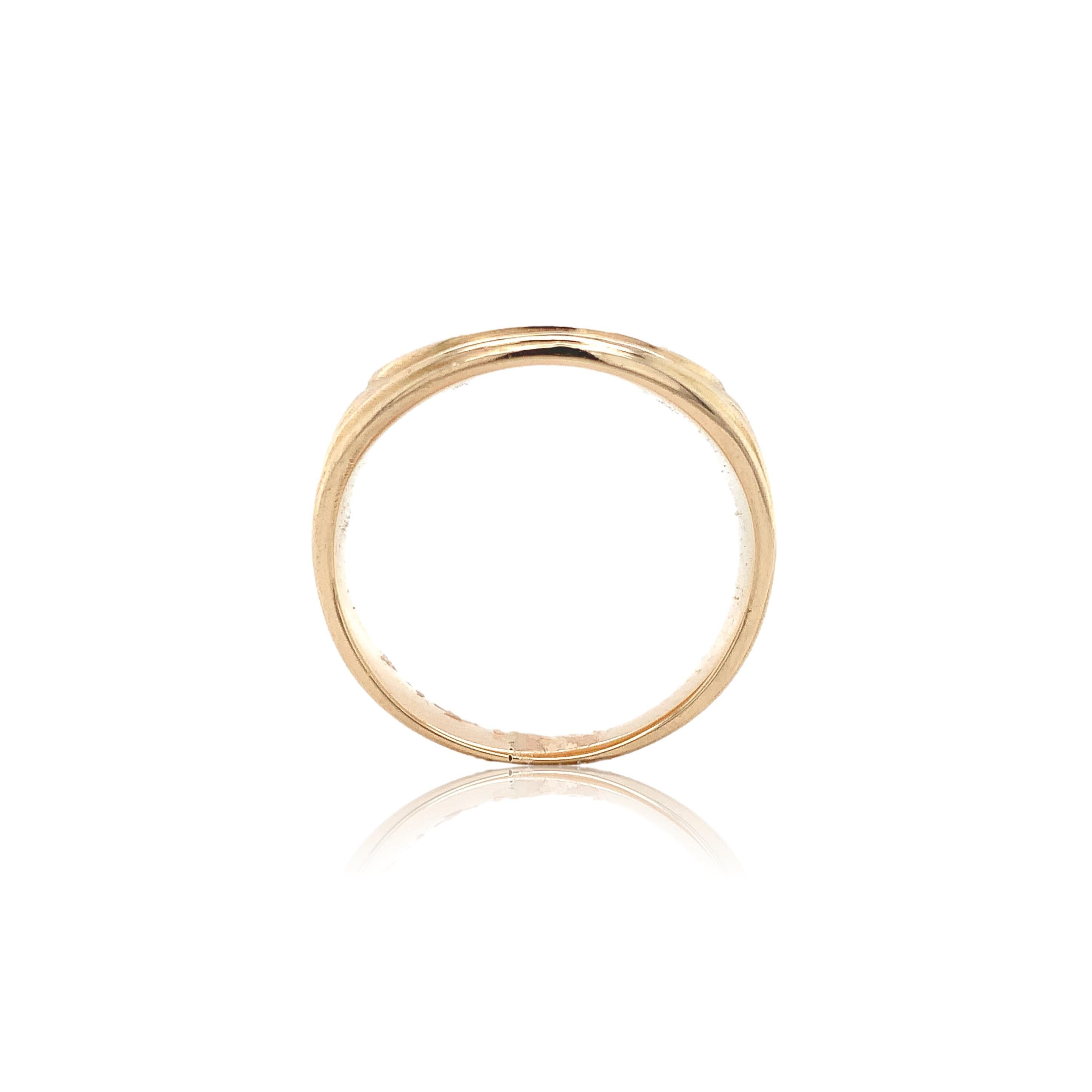 14K rosy yellow gold signet ring with ribbed lines. The blank area for engraving measures about 5/8