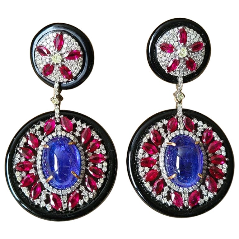 Boucles d'oreilles victoriennes en or et argent 14K, onyx noir, rubis, tanzanite et diamants en vente