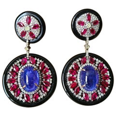 Boucles d'oreilles victoriennes en or et argent 14K, onyx noir, rubis, tanzanite et diamants