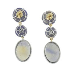 14k Gold Silver Carved Sapphire Diamond Flower Drop Earrings