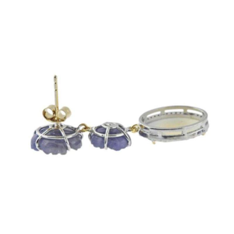 Bead 14k Gold Silver Carved Sapphire Diamond Flower Drop Earrings For Sale
