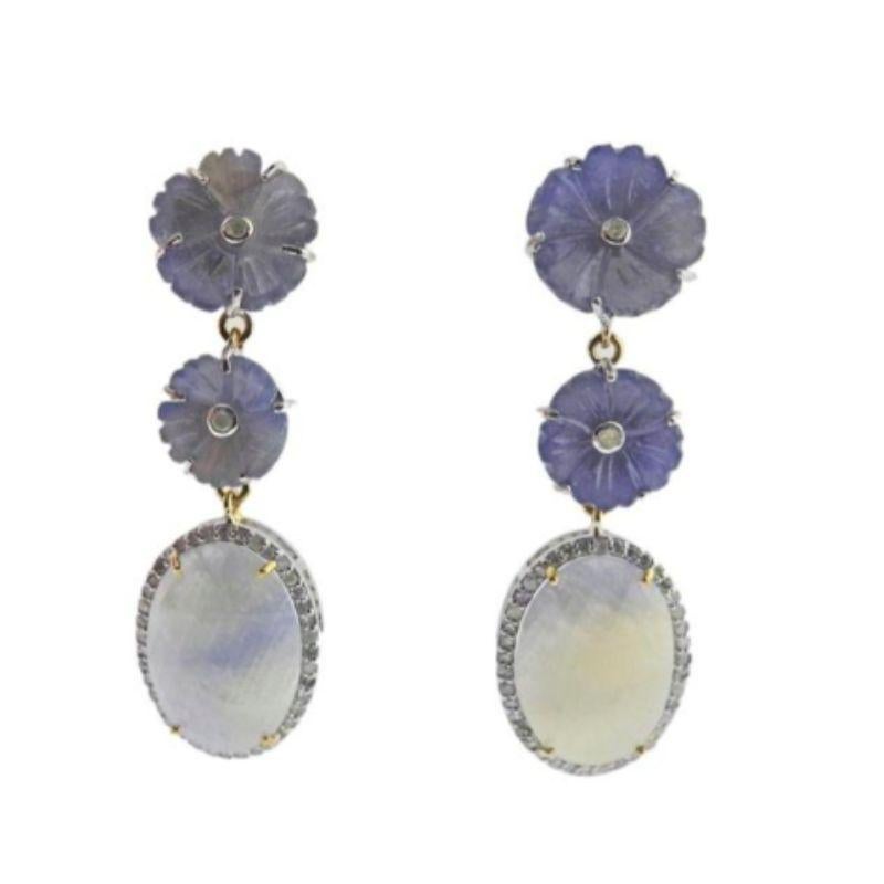 14k Gold Silver Carved Sapphire Diamond Flower Drop Earrings In Good Condition For Sale In Perry, FL