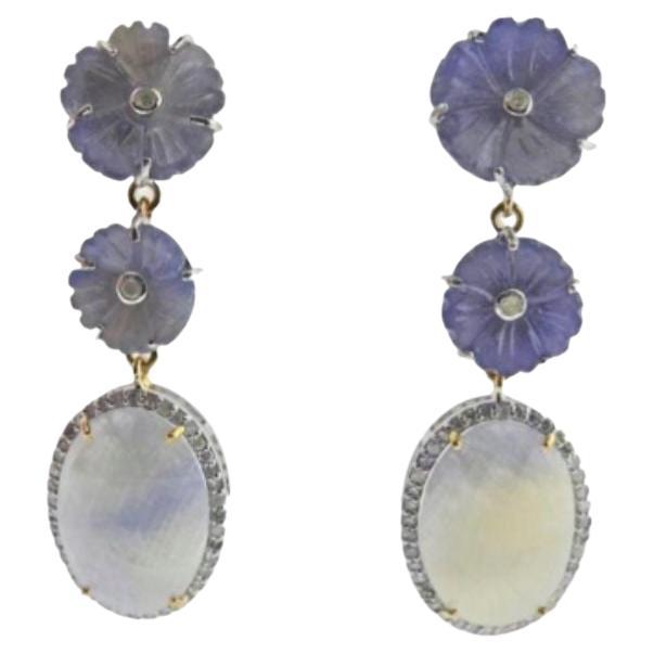 14k Gold Silver Carved Sapphire Diamond Flower Drop Earrings For Sale