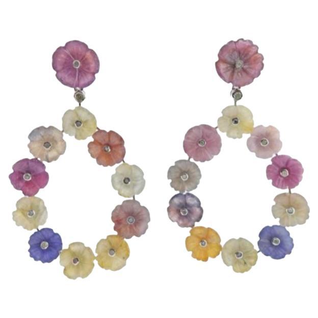 14k Gold Silver Diamond Carved Sapphire Flower Drop Earrings For Sale