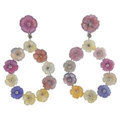 Used 14k Gold Silver Diamond Carved Sapphire Flower Drop Earrings