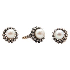 Antique Early 20th Century Diamond Pearl 14K Gold Earrings and Ring, Jewelry Set