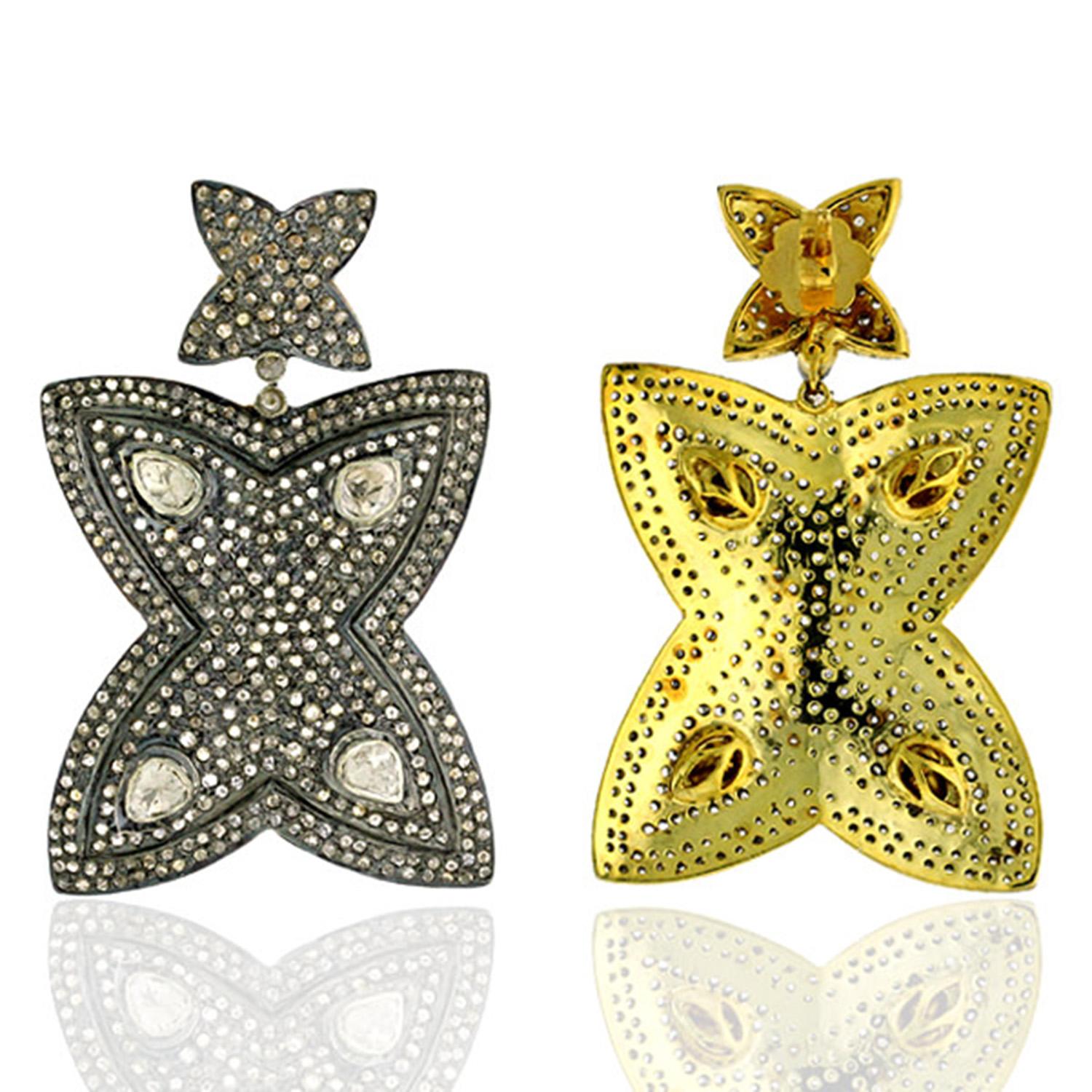14k Gold & Silber Pavé-Diamant-Sternfisch-Ohrringe (Art déco) im Angebot