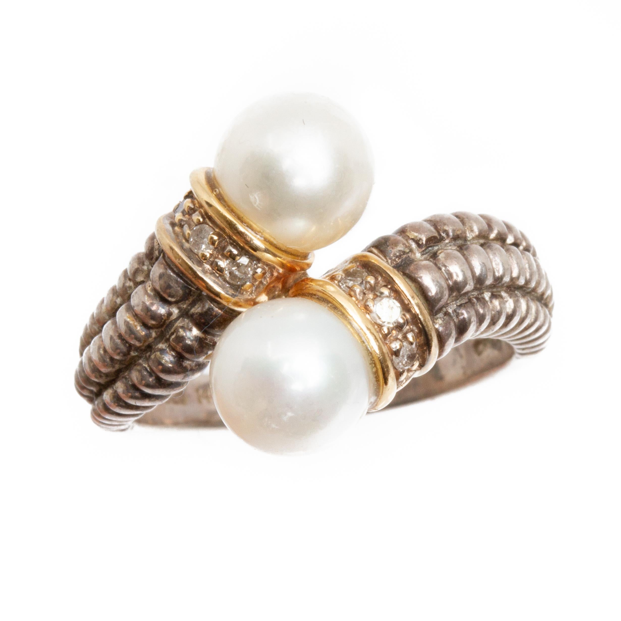 Round Cut 14K Gold Silver Pearl Bypass Ring