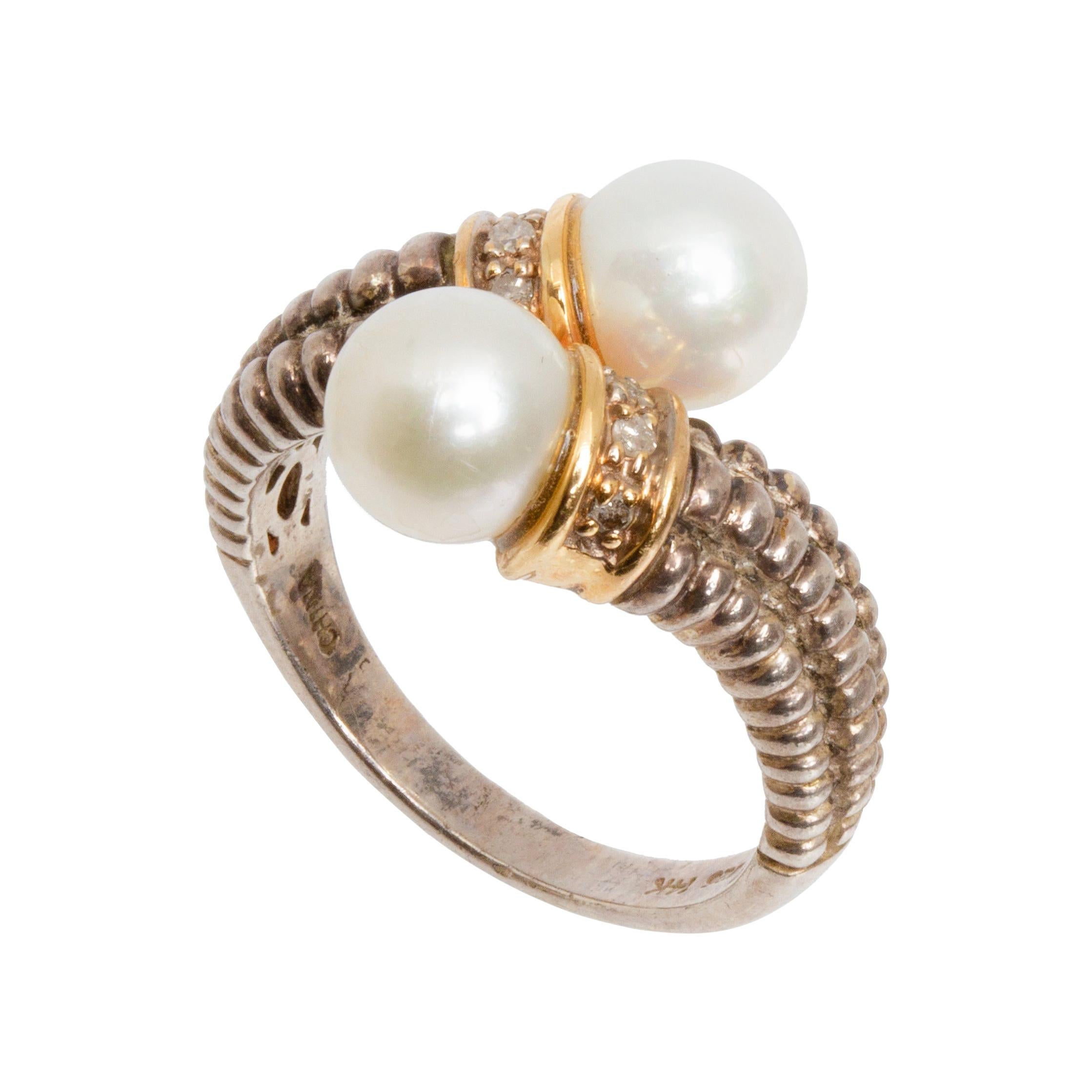 14K Gold Silver Pearl Bypass Ring