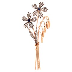 14K Gold Silver Sapphire Diamond Flower Brooch