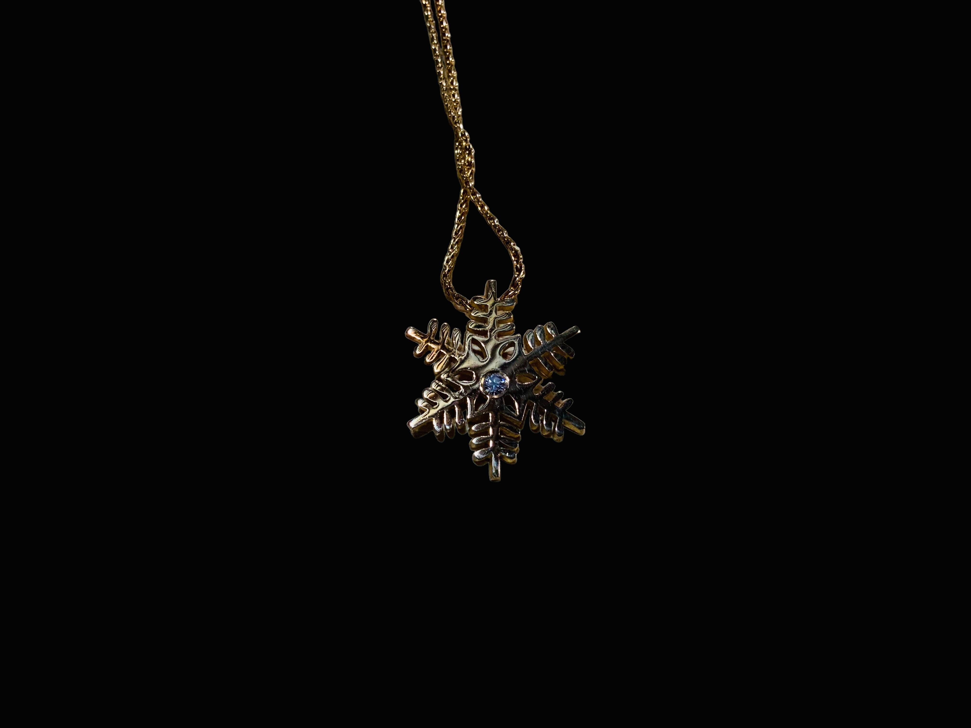 Single Cut 14k Gold Single Diamond Snowflake Pendant Necklace For Sale