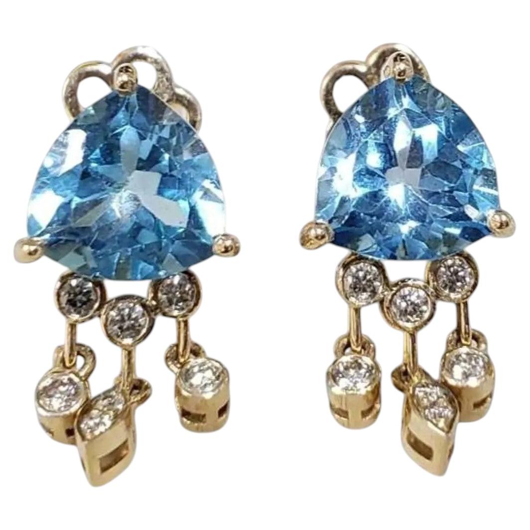 14K Gold Sky Blue Swiss Topaz Diamond Dangle Earrings