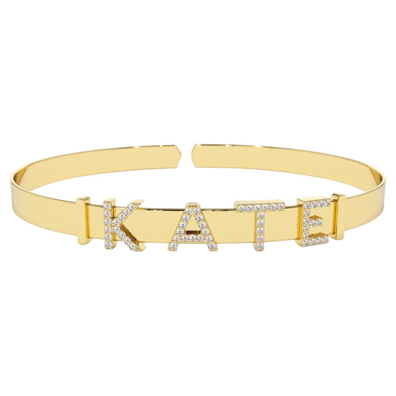 14k Gold Slide Diamond Initials Bangle / Personalized Name Bracelet en vente