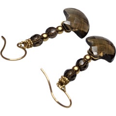 14K Gold Smoky Quartz Beaded Drop Earrings with Faceted Half-Moon Briolettes