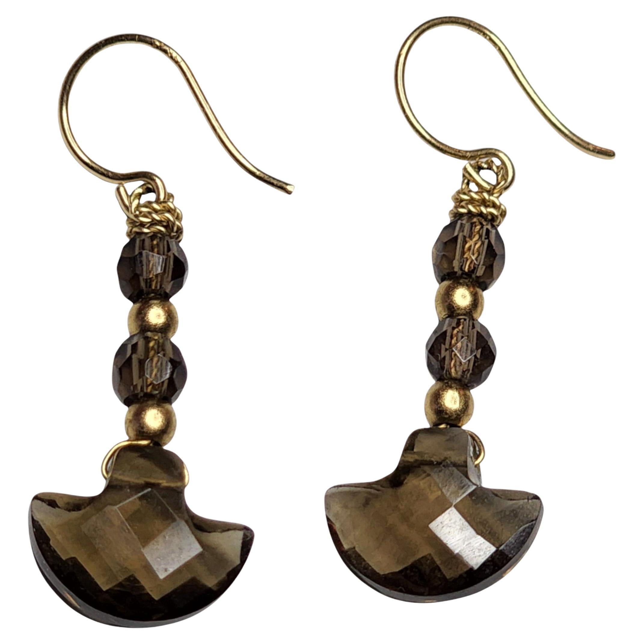 14K Gold Smoky Quartz Beaded Drop Earrings with Faceted Half-Moon Briolettes