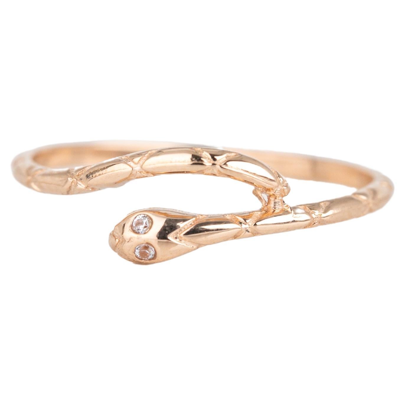 14k Gold Snake Ring, Serpent Shape Pinky, Stackable Ring with Moissanite