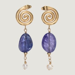 Tanzanite Earrings with Yellow Gold Snake and Pearls