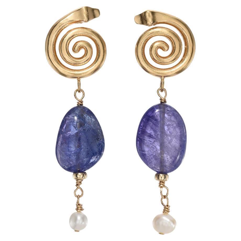 Tanzanite Earrings with Yellow Gold Snake and Pearls For Sale