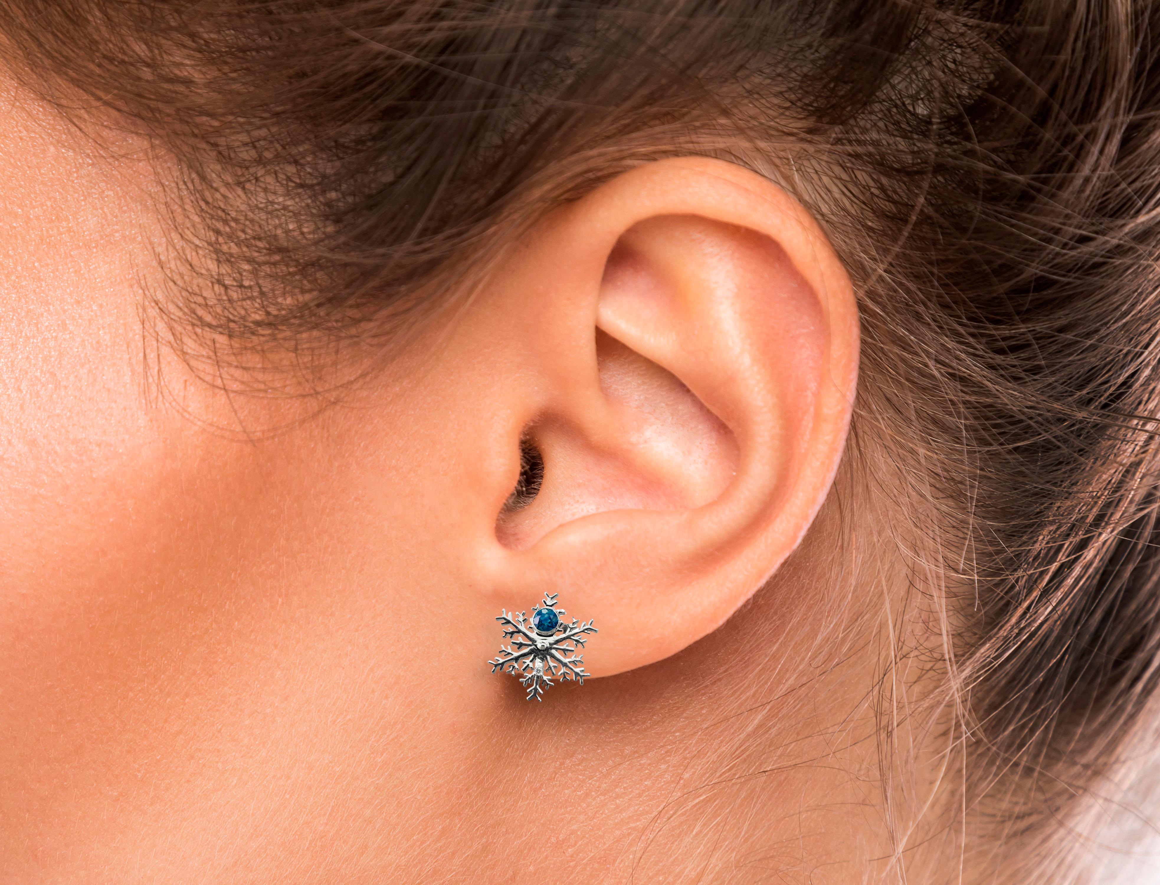 Women's 14k Gold Snowflake Earrings with Sapphires and Diamonds For Sale