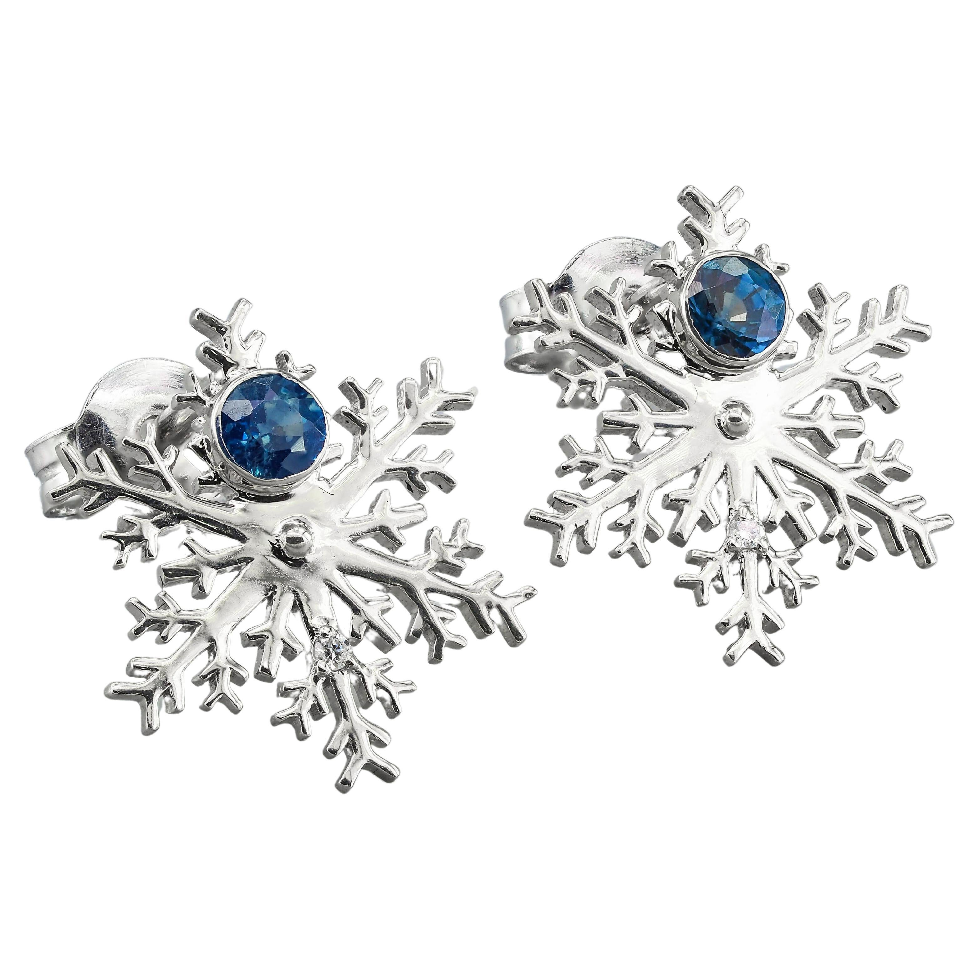 14k Gold Snowflake Earrings with Sapphires and Diamonds