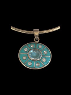 Pendentif SOL en or 14k avec turquoise, diamants et topaze bleue