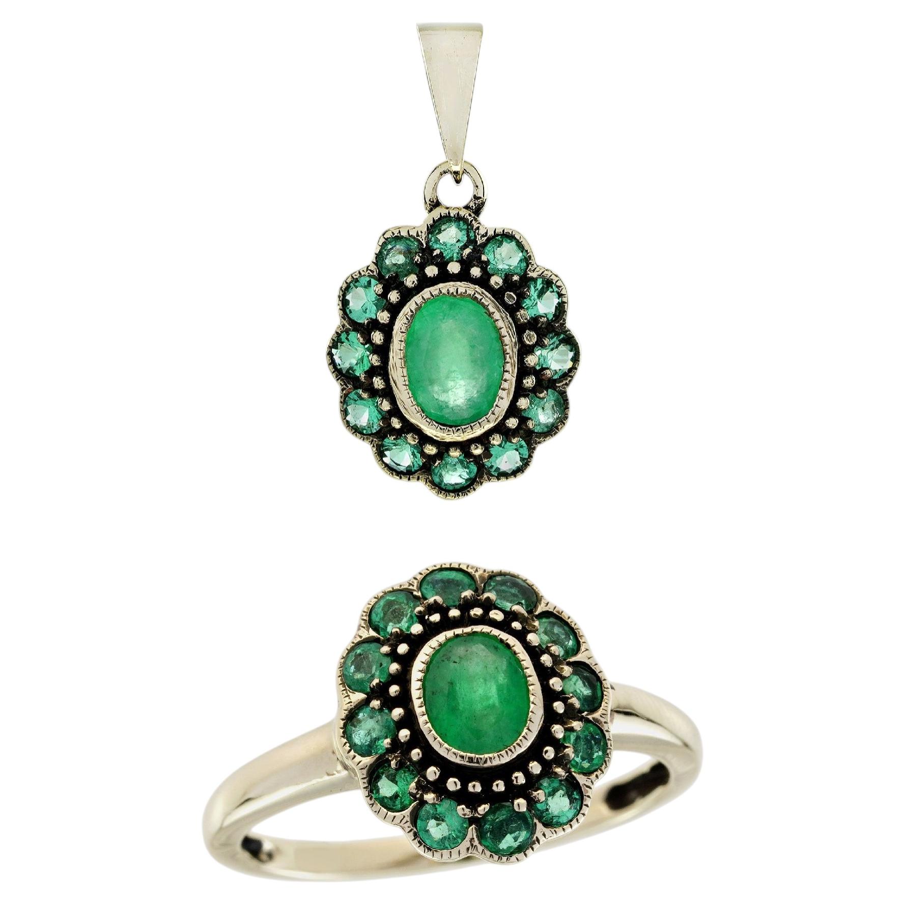 14K Gold Solid Natural Emerald Vintage Style Floral Ring and Pendant Jewelry Set For Sale