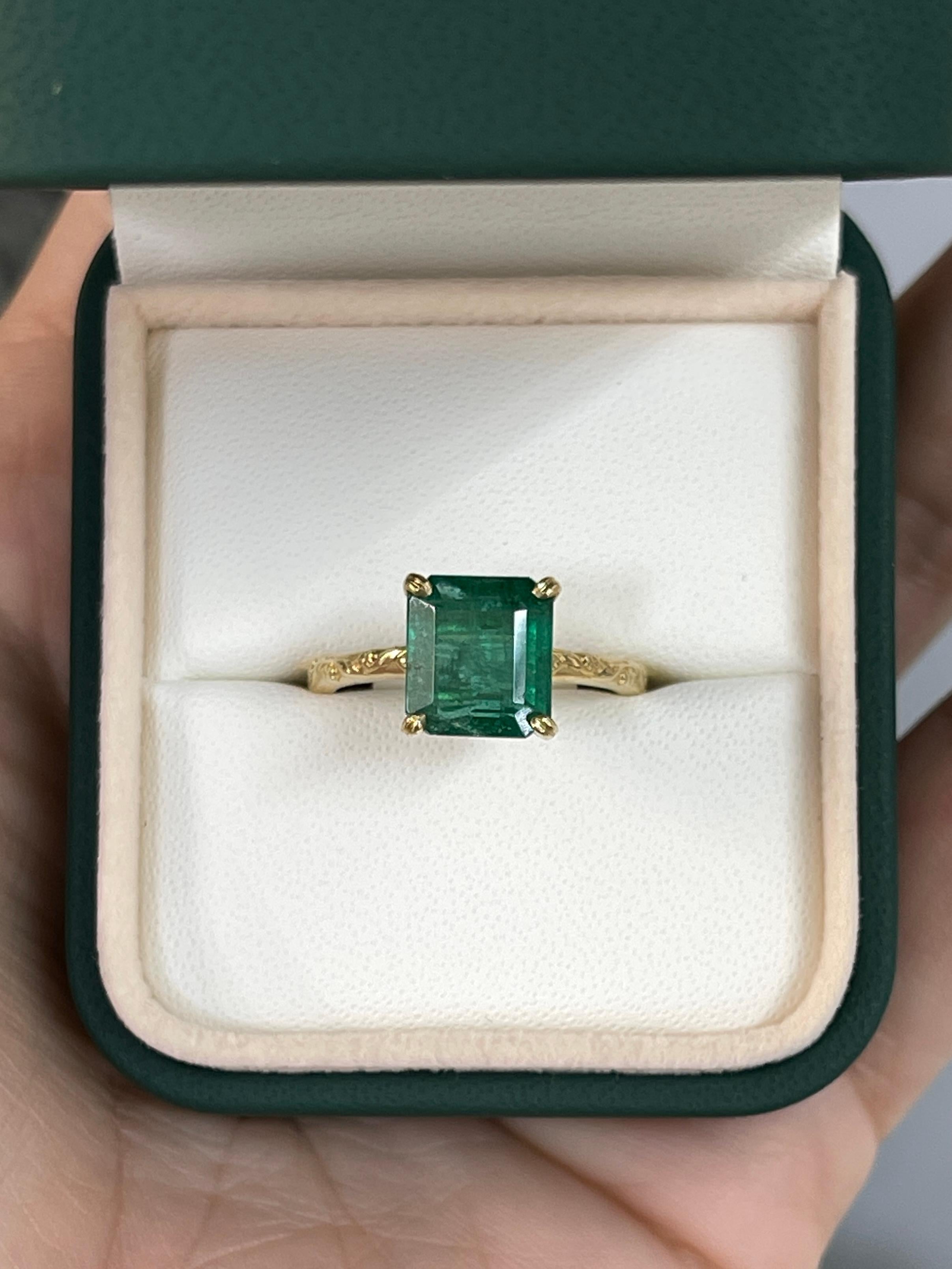 Women's 14K gold solitaire ring with 2.89 carat natural Asscher-cut emerald showcasing For Sale