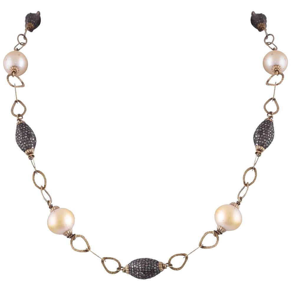 14 Karat Gold South Sea Pearl Diamond Antique Finish Chain Necklace For Sale