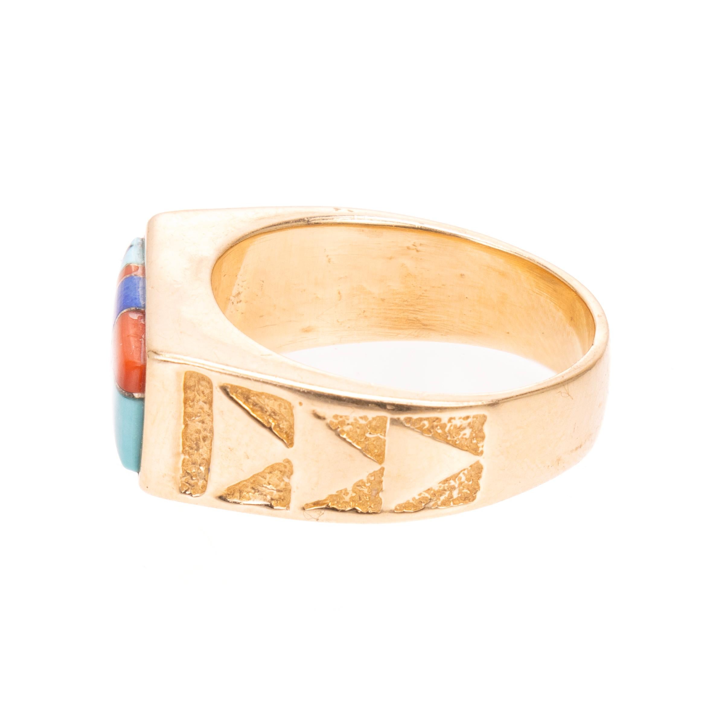 Quadrato Anello a mosaico Southwest in oro 14K in vendita