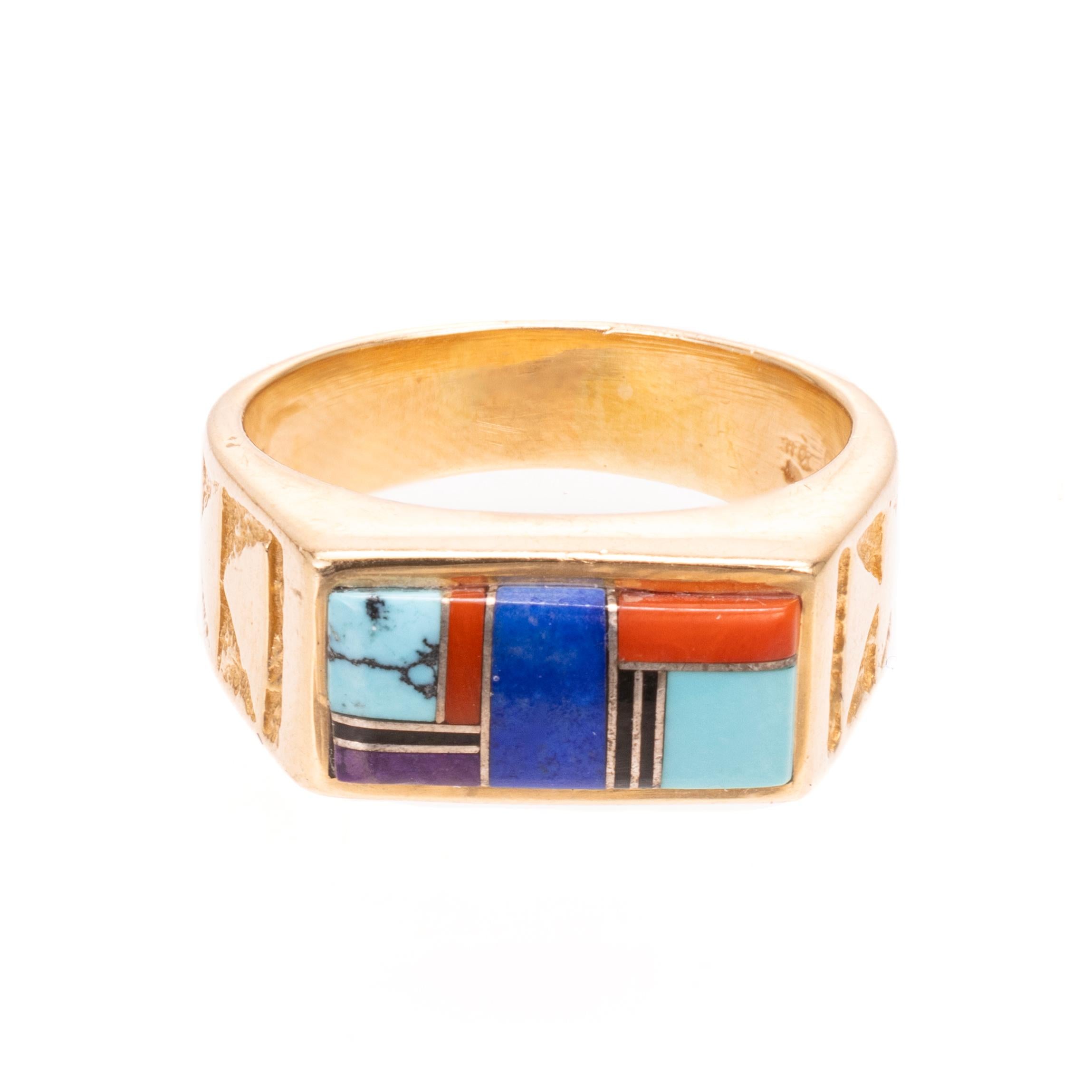 Anello a mosaico Southwest in oro 14K In condizioni buone in vendita a Coeur d Alene, ID