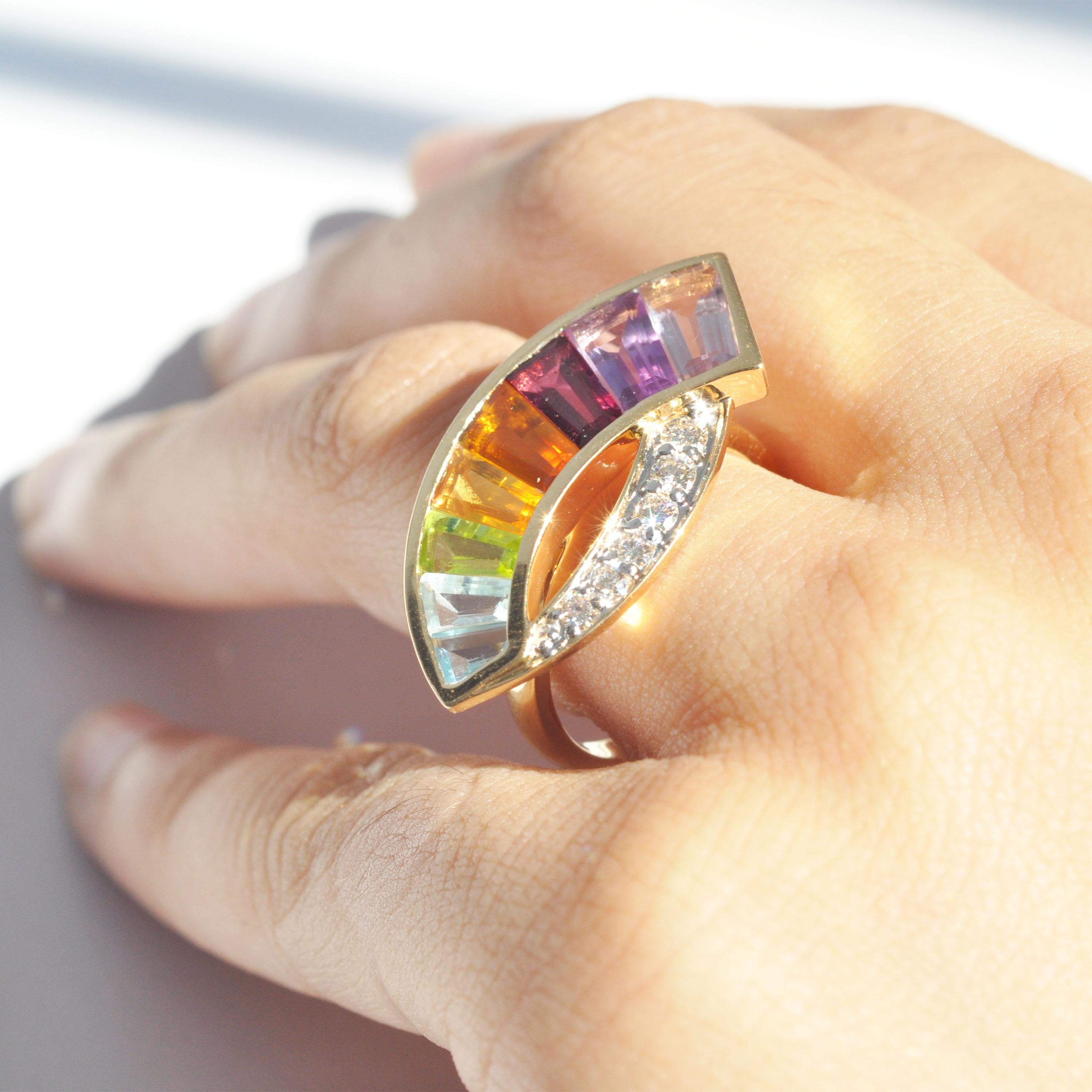14K Gold Spezialschliff Amethyst Granat Citrin Peridot Topas Diamant Regenbogen Ring im Angebot 4