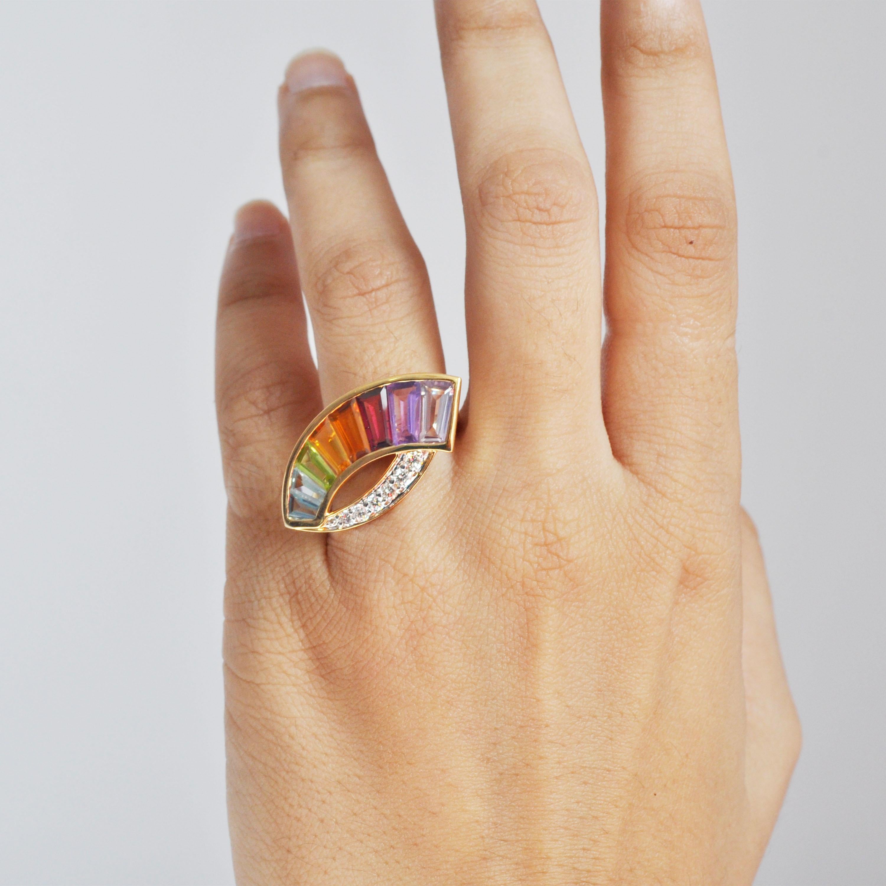 14K Gold Spezialschliff Amethyst Granat Citrin Peridot Topas Diamant Regenbogen Ring im Angebot 5