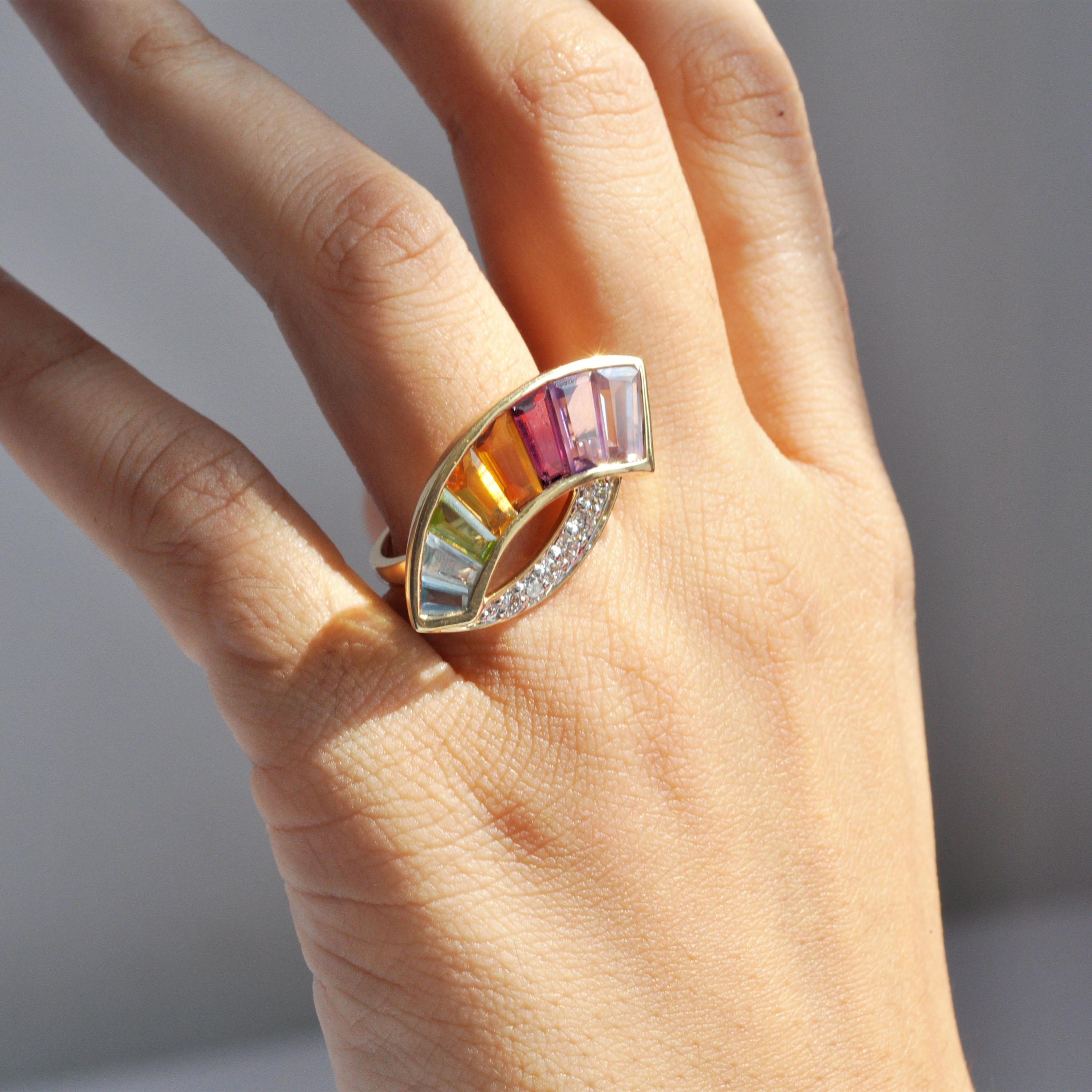 14K Gold Spezialschliff Amethyst Granat Citrin Peridot Topas Diamant Regenbogen Ring im Angebot 6