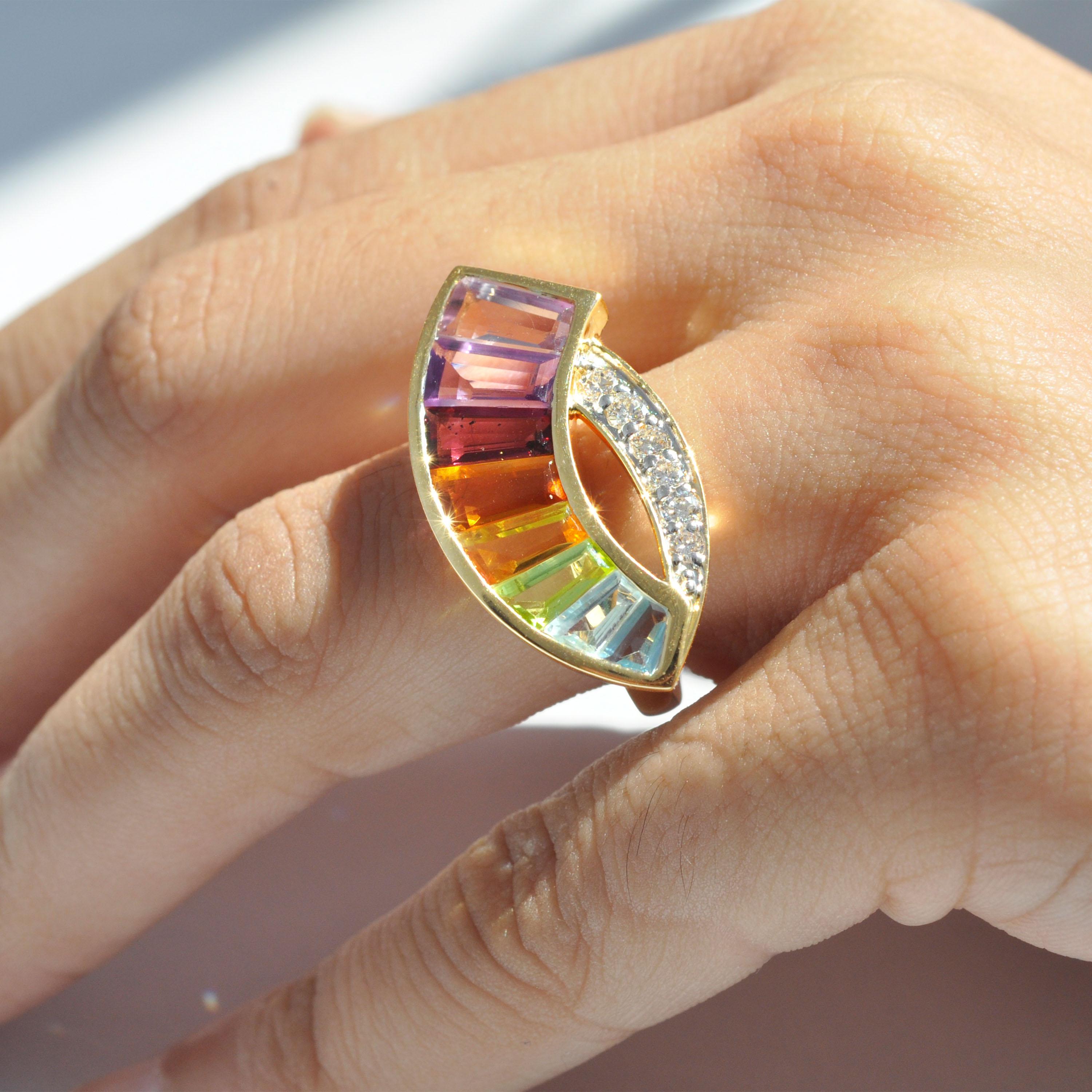 14K Gold Spezialschliff Amethyst Granat Citrin Peridot Topas Diamant Regenbogen Ring im Angebot 7