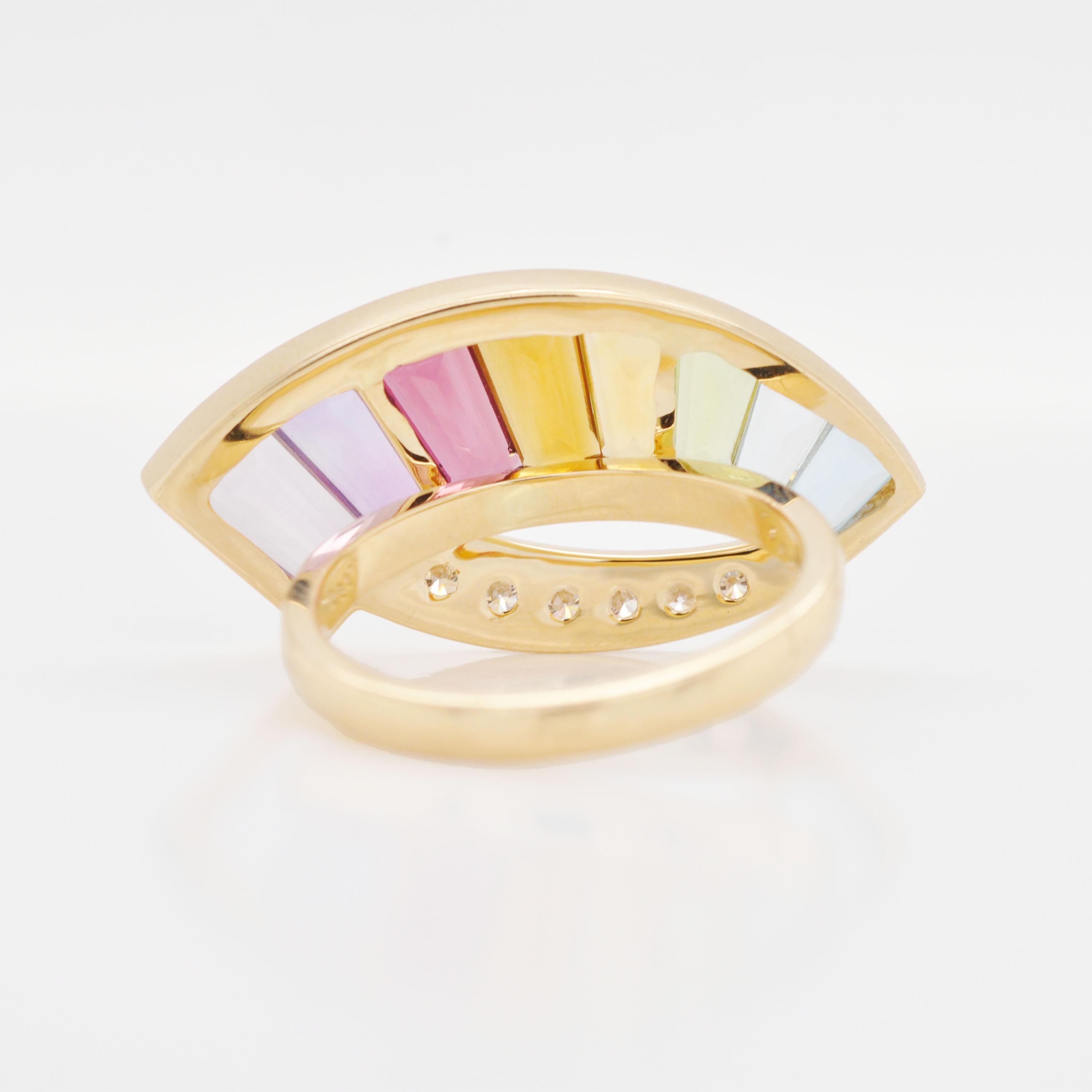 14K Gold Spezialschliff Amethyst Granat Citrin Peridot Topas Diamant Regenbogen Ring (Baguette-Treppenschliff) im Angebot