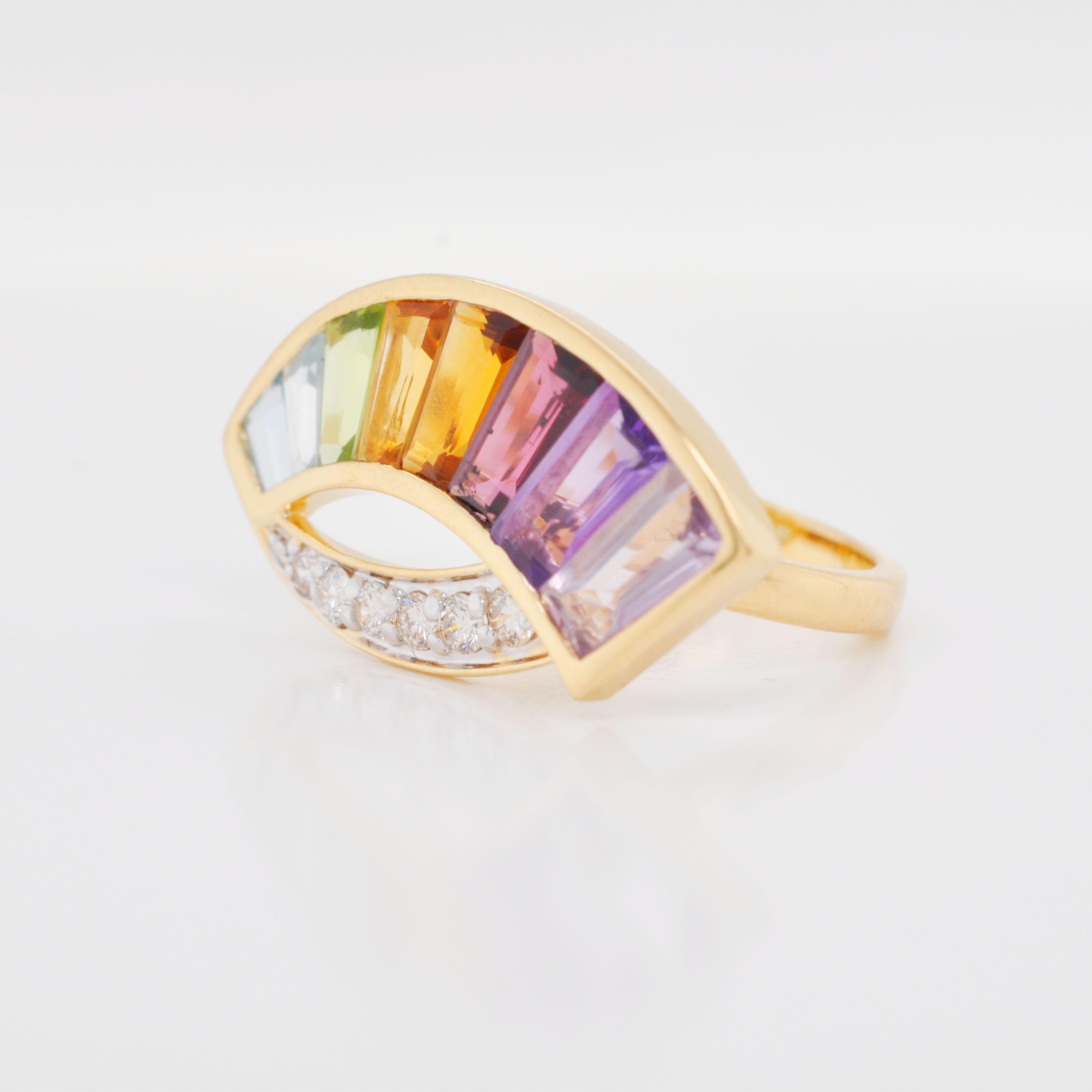 14K Gold Spezialschliff Amethyst Granat Citrin Peridot Topas Diamant Regenbogen Ring im Angebot 1