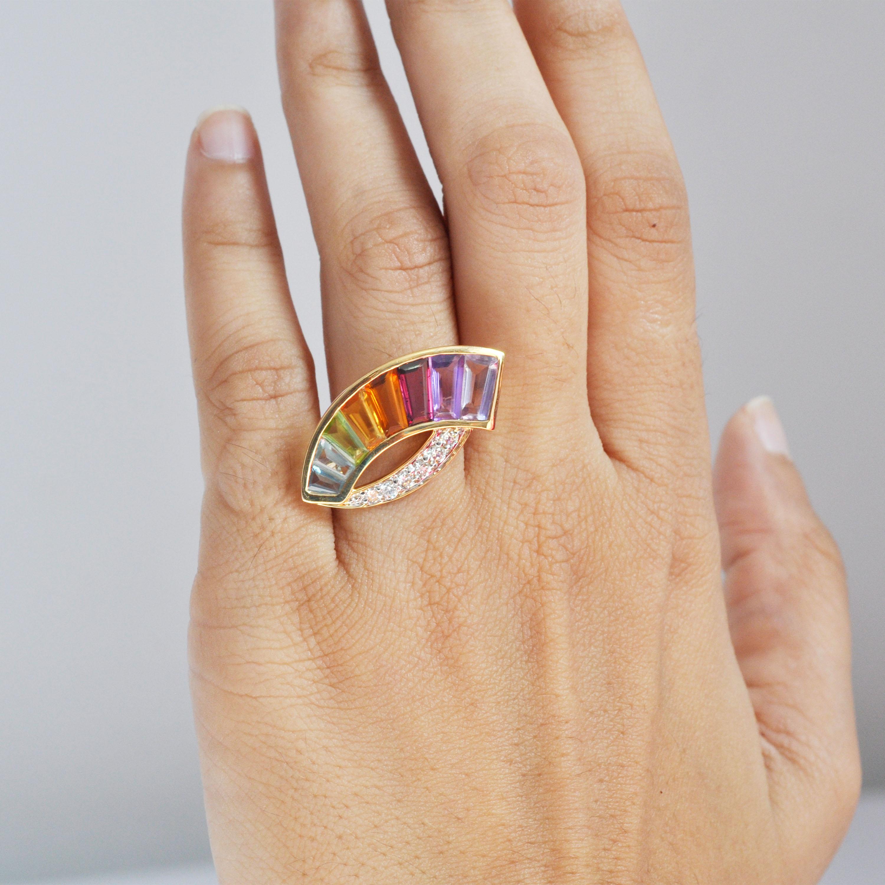 14K Gold Spezialschliff Amethyst Granat Citrin Peridot Topas Diamant Regenbogen Ring im Angebot 2