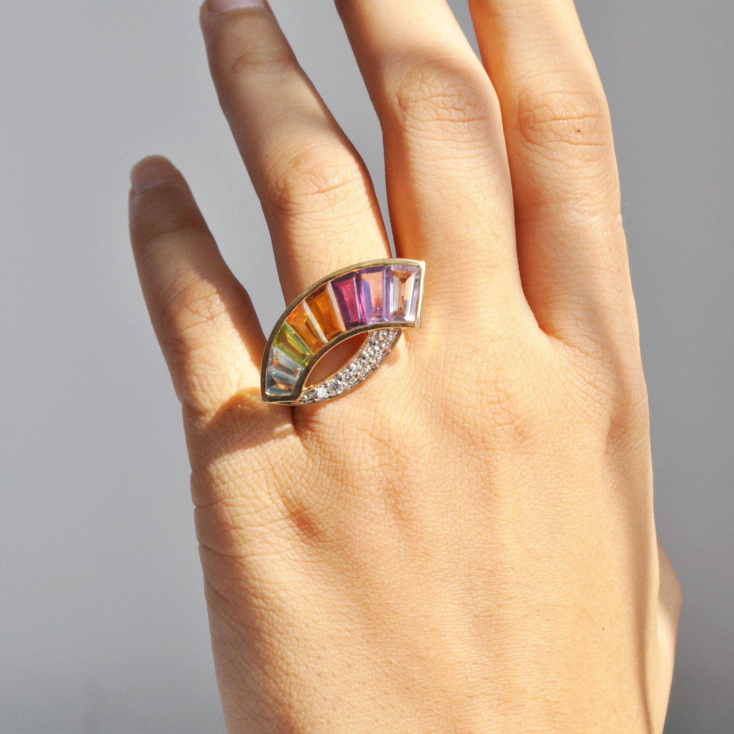 14K Gold Spezialschliff Amethyst Granat Citrin Peridot Topas Diamant Regenbogen Ring im Angebot 3