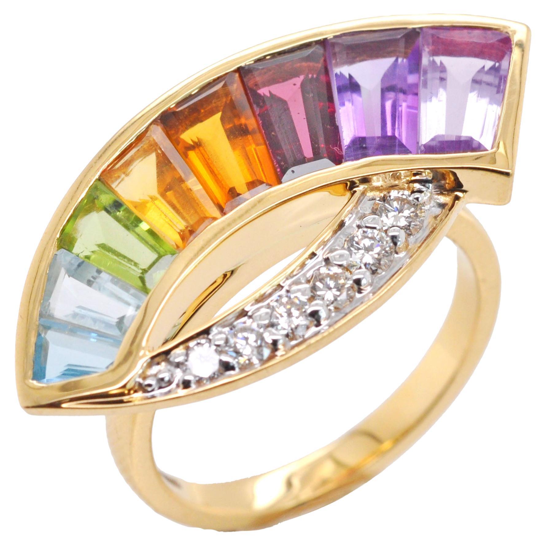 14K Gold Special Cut Amethyst Garnet Citrine Peridot Topaz Diamond Rainbow Ring