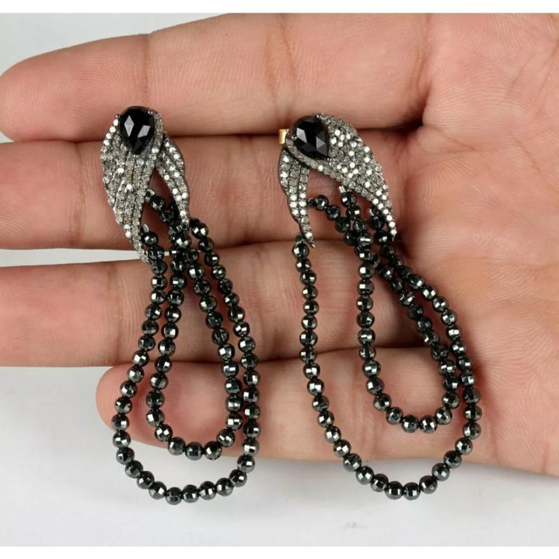Round Cut 14k Gold Spinel Beads Dangle Pave Diamond 925 Silver Tassel Earrings For Sale