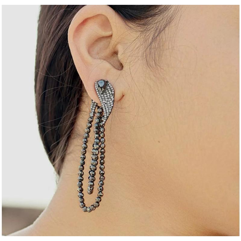14k Gold Spinel Beads Dangle Pave Diamond 925 Silver Tassel Earrings In New Condition For Sale In Chicago, IL