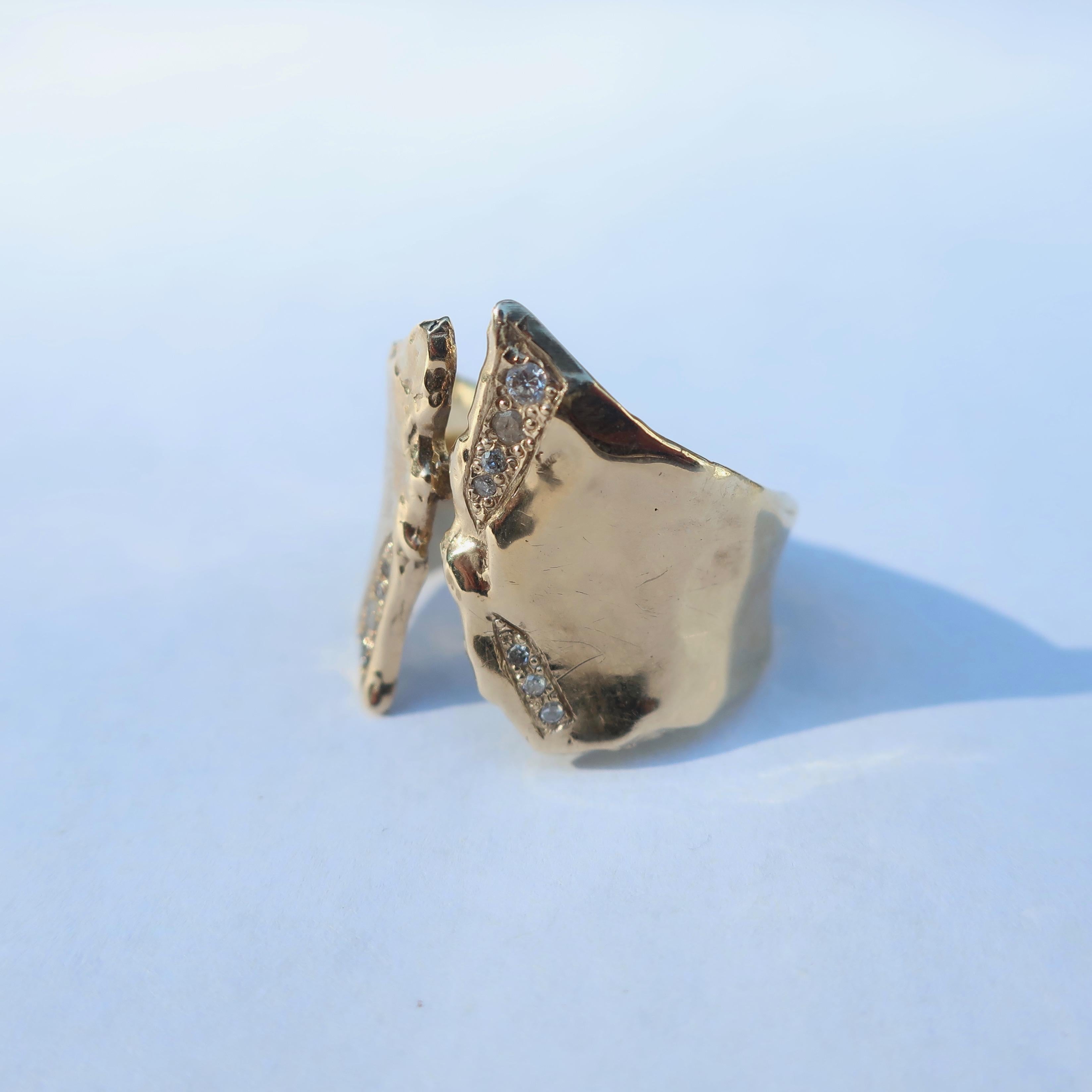 Artisan 14 Karat Gold Split Cigar Band Ring with Diamonds For Sale