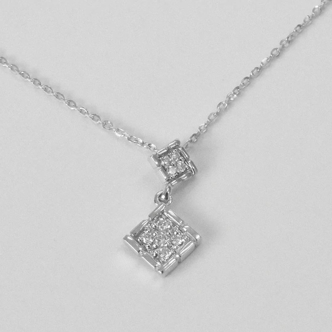 Round Cut 14k Gold Square Charm Diamond Necklace Dainty Charm Necklace For Sale
