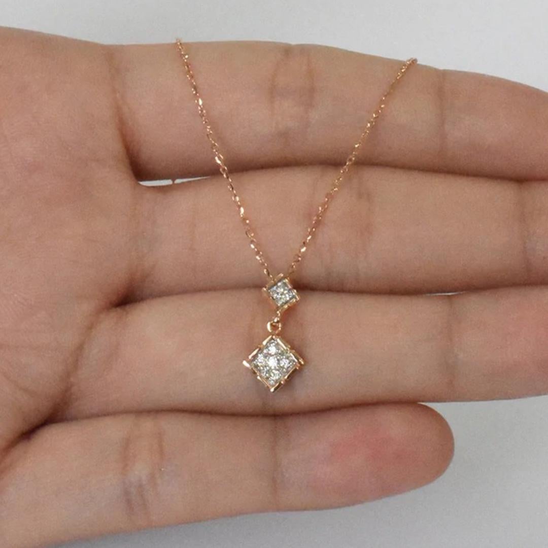 14k Gold Square Charm Diamond Necklace Dainty Charm Necklace In New Condition For Sale In Bangkok, TH