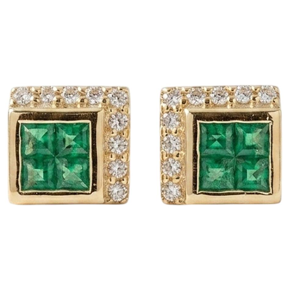 14K Gold Square Cut Natural Emerald Stud Earrings Gold Emerald Diamond Earrings