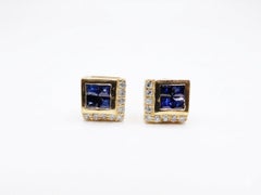 14K Gold Square Cut Natural Sapphire Stud Earrings Gold Sapphire Diamond Earring